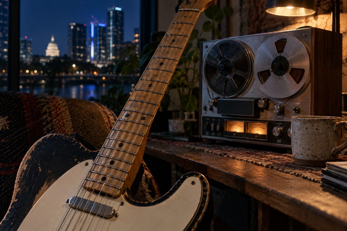 A guitar neck beside a compact tape machine in low light