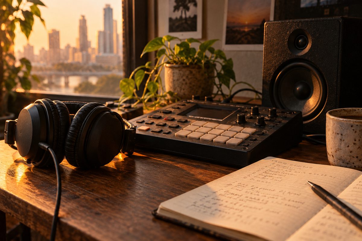 Headphones, a sampler, and release notes beside a small speaker